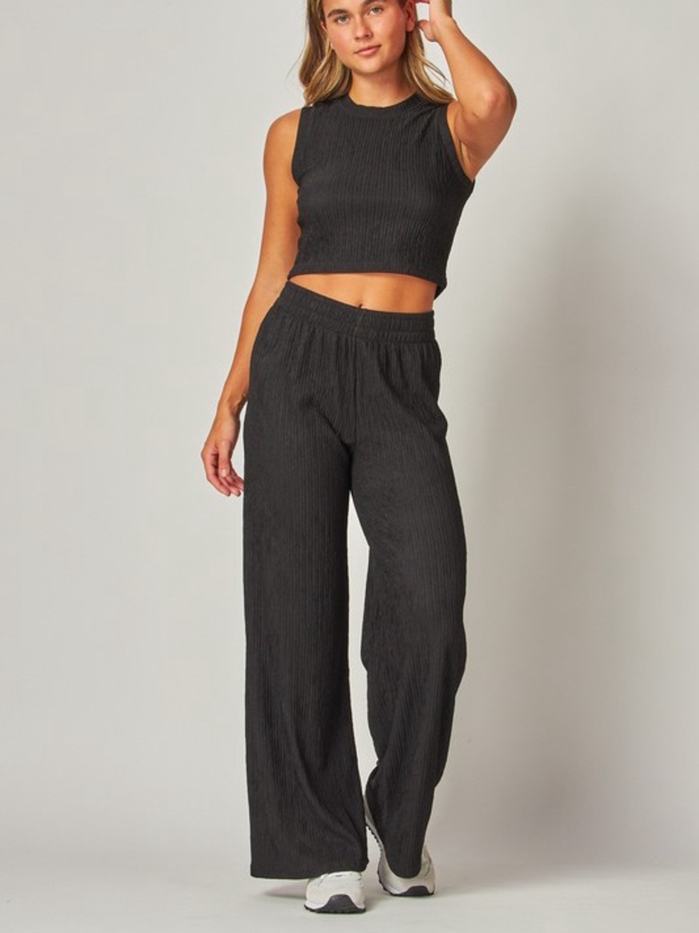 Wide-Leg Ribbed Crop Tank & Pants Set - Black